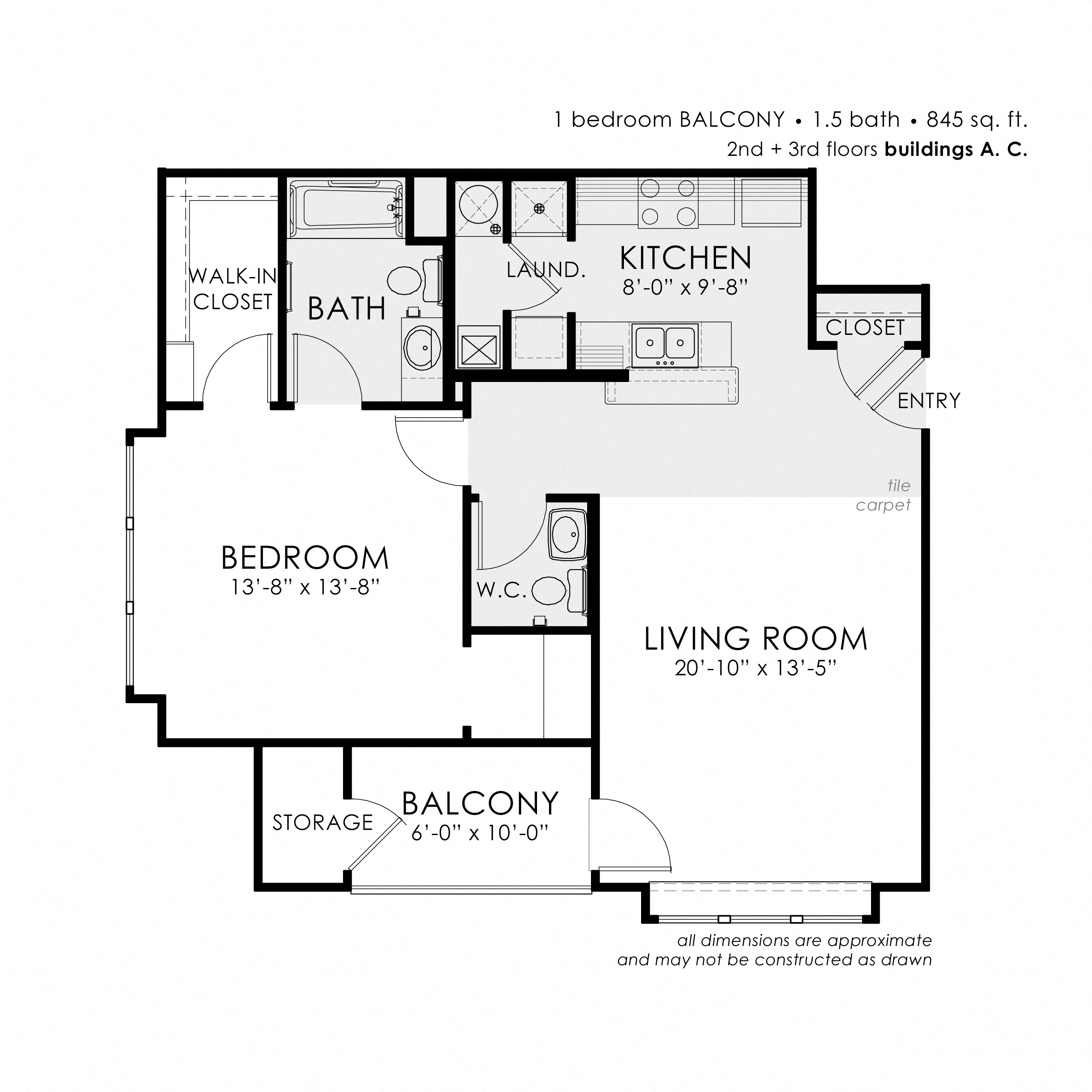 Floor plan for 1 bed, 1.5 baths, 845 sqft